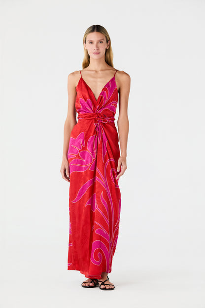 Juan de Dios Macarena Silk Jacquard Midi Dress Red Fuchsia - women's dress available at Hiptique boutique in Woodland Hills California