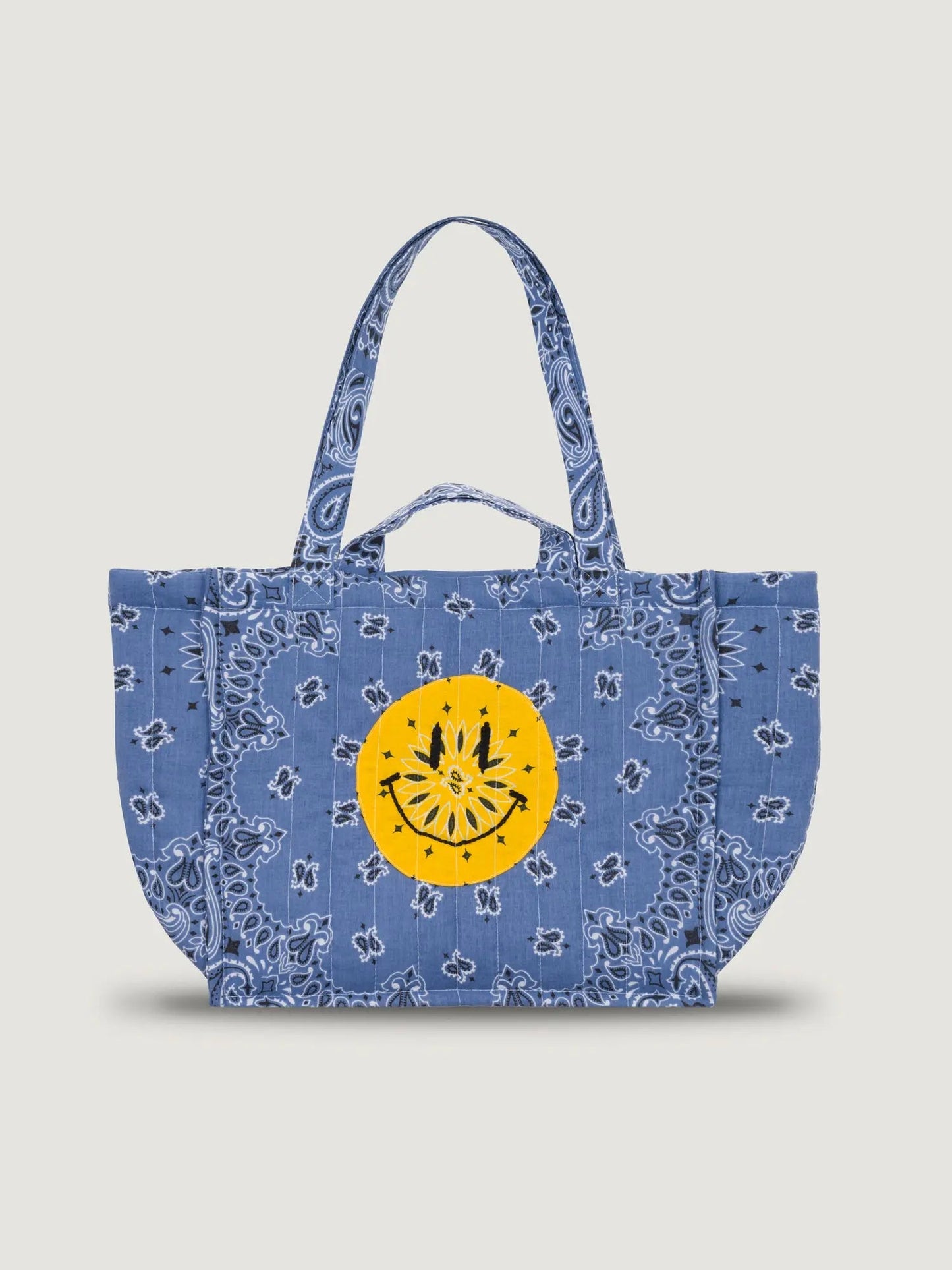Call It By Your Name Moyen Tote Happy Face All Chambray - medium quilted cotton tote bag available at Hiptique boutique in Woodland Hills California