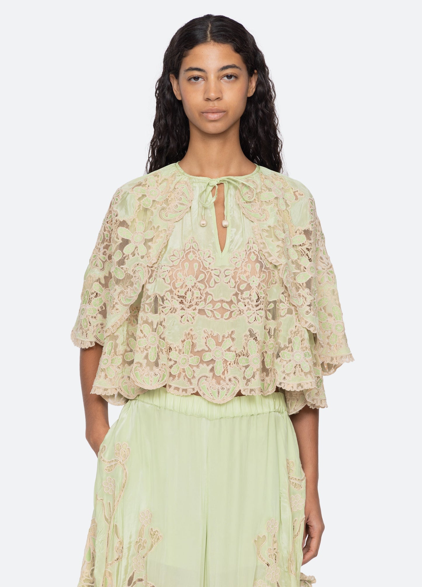 Sea NY Gracelyn Lace Top Green - front view available at Hiptique boutique in Woodland Hills California