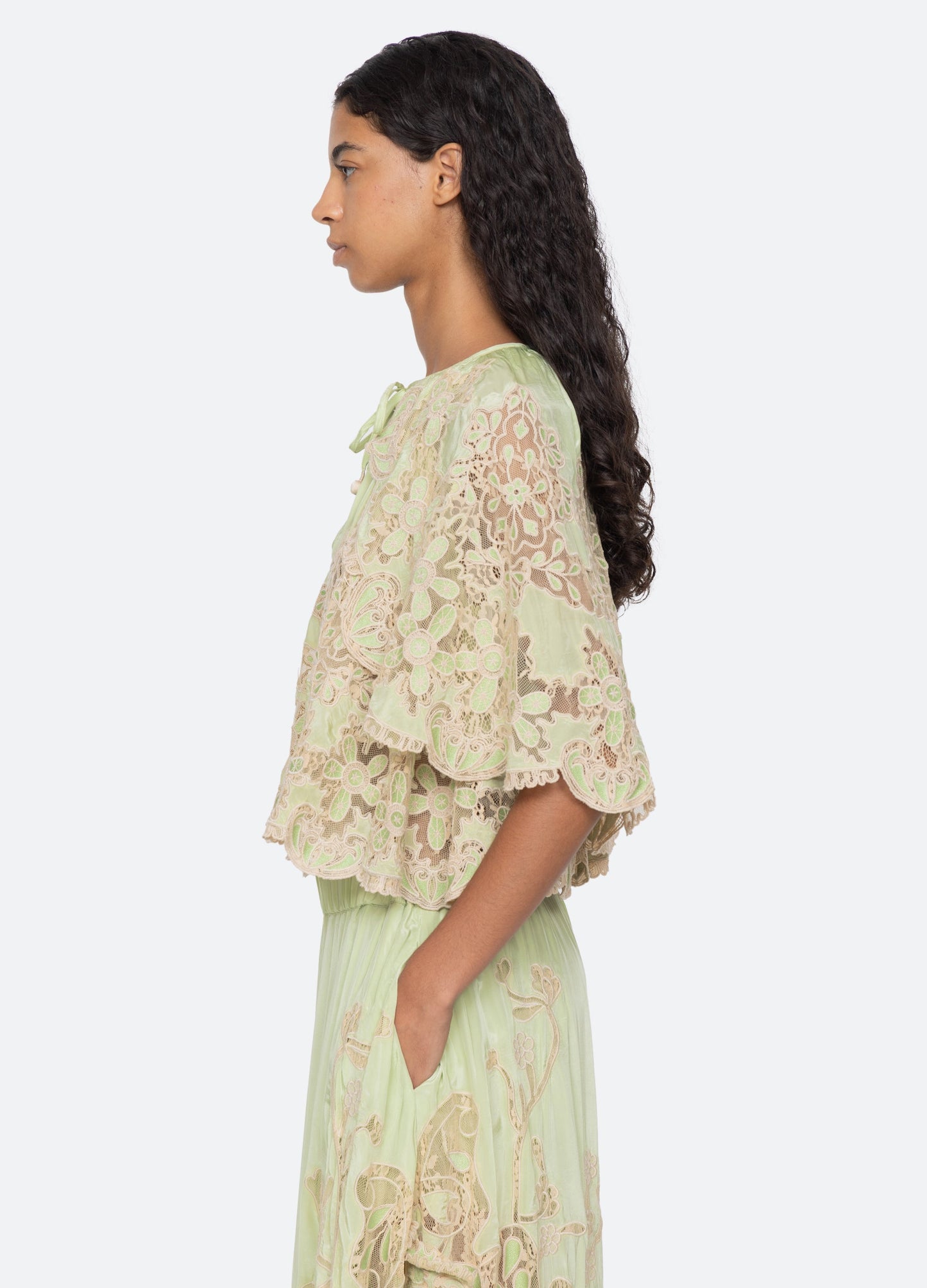 Sea NY Gracelyn Lace Top Green - side view available at Hiptique boutique in Woodland Hills California