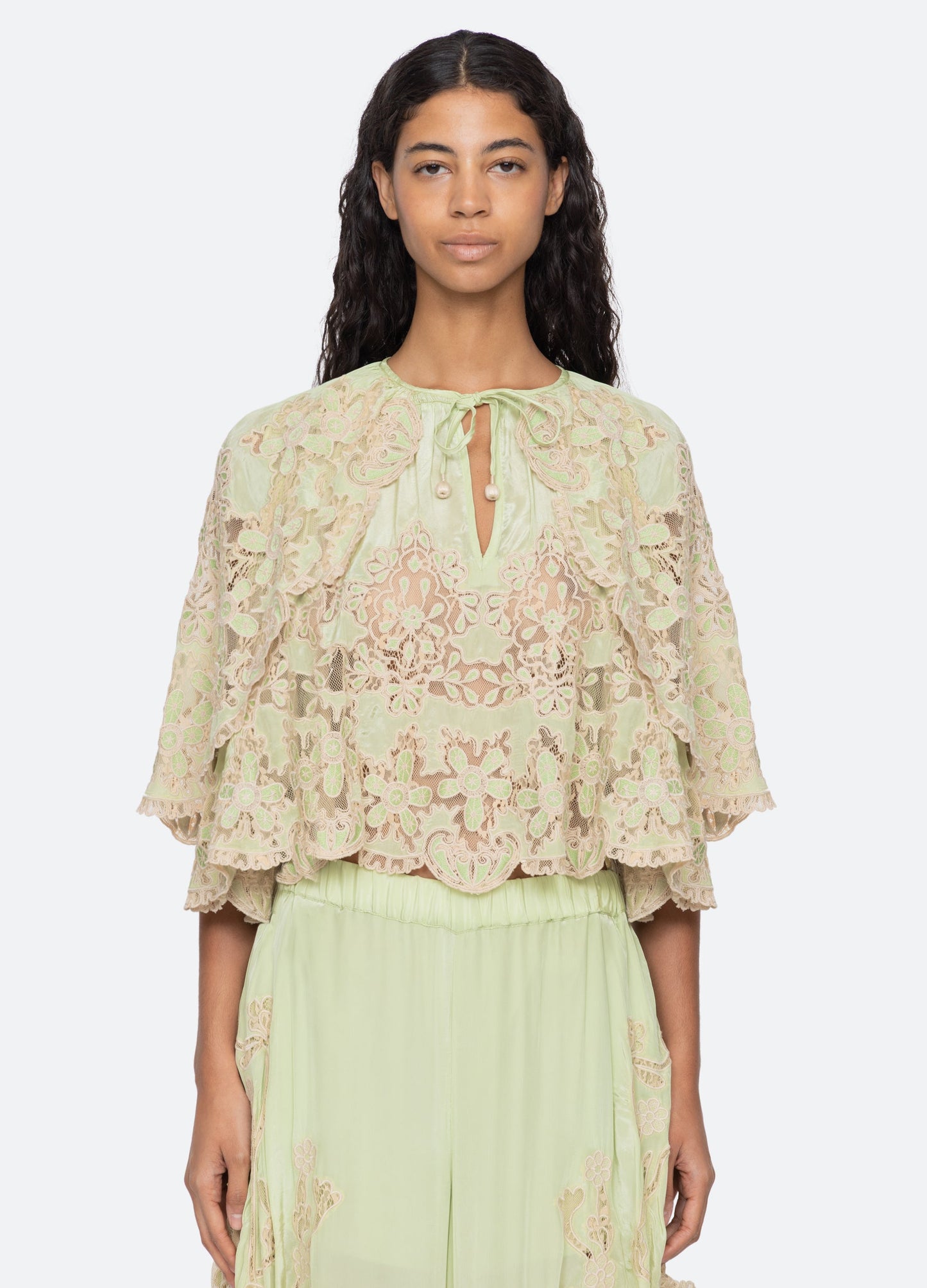 Sea NY Gracelyn Lace Top Green - detail view available at Hiptique boutique in Woodland Hills California