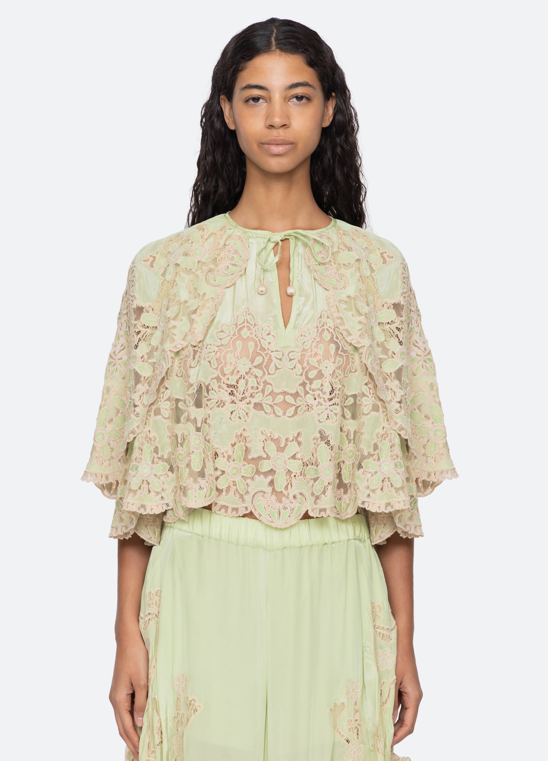 Sea NY Gracelyn Lace Top Green - detail view available at Hiptique boutique in Woodland Hills California