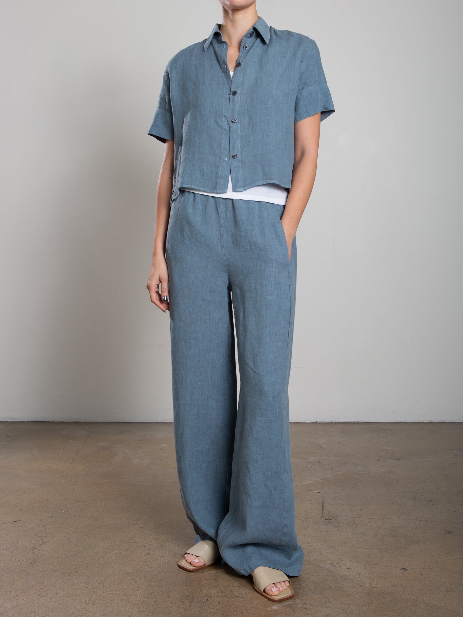 Pharaoh Collection Francine Pant Heritage Linen Sea - women's wide-leg linen pant available at Hiptique boutique in Woodland Hills California