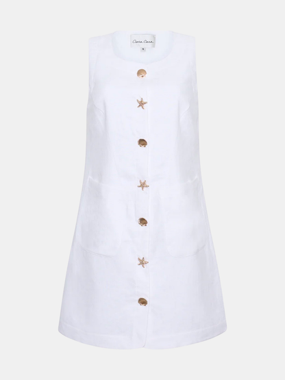 Cara Cara Rhapsody Dress - White linen A-line mini dress detail view
