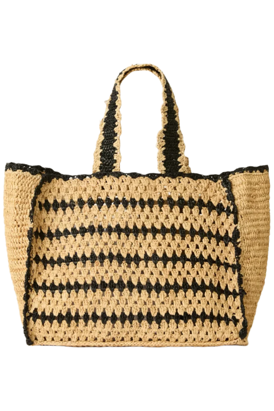 Woven tote bag with black and beige pattern on a white background