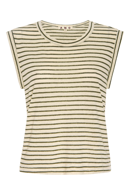 Striped tank top with 'AMO' branding on a white background