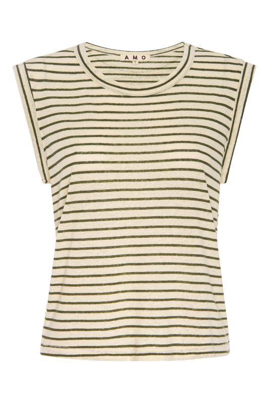 Striped tank top with 'AMO' branding on a white background