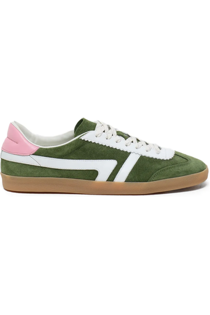 Green and pink sneaker with white accents on a white background
