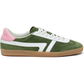 Green and pink sneaker with white accents on a white background