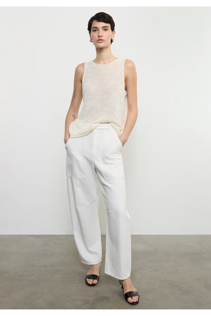 Enza Costa Linen Open Knit Tank - white linen knit tank on model