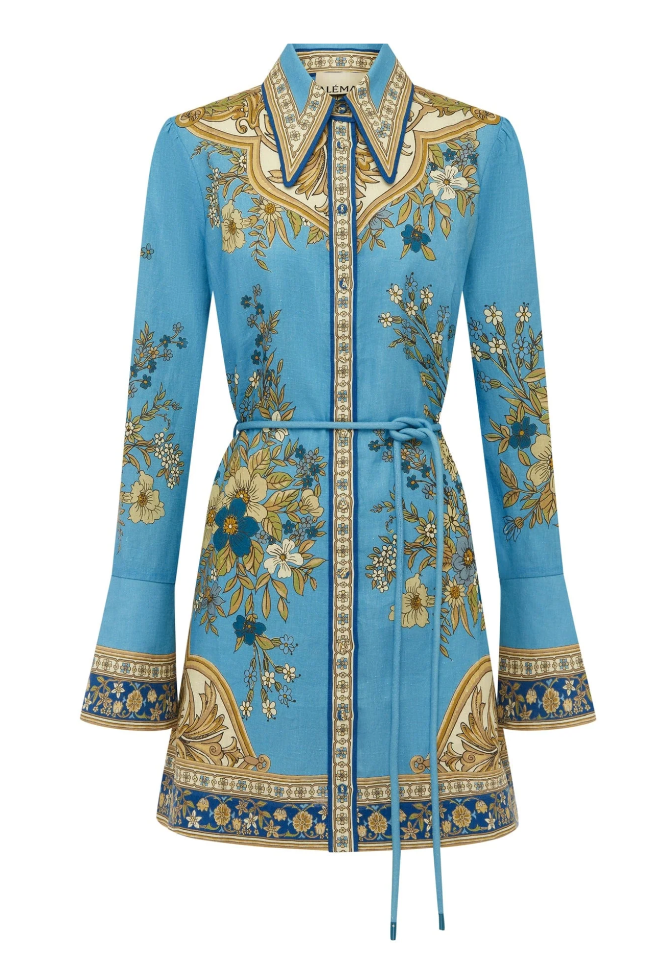 Blue floral and geometric patterned dress on a white background