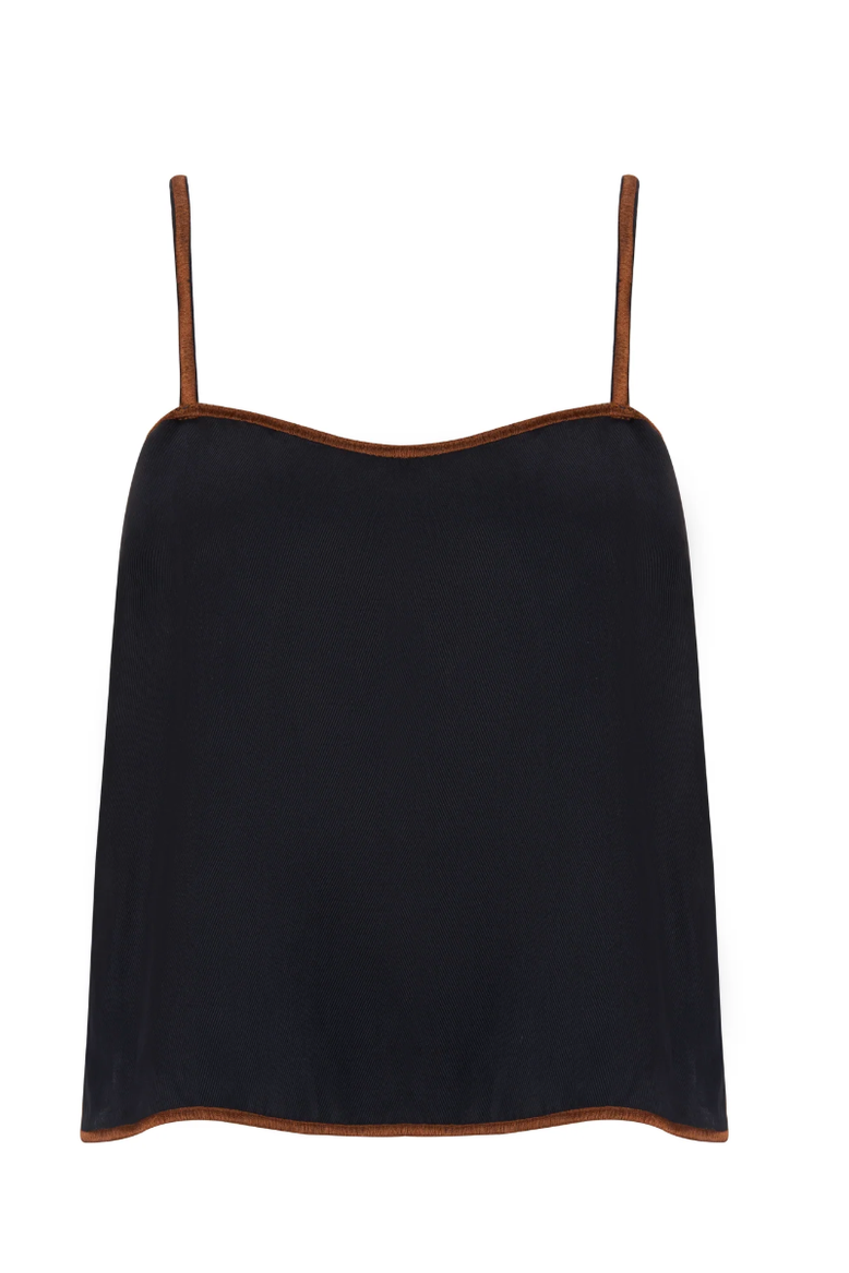 navy top with brown trim on a white background