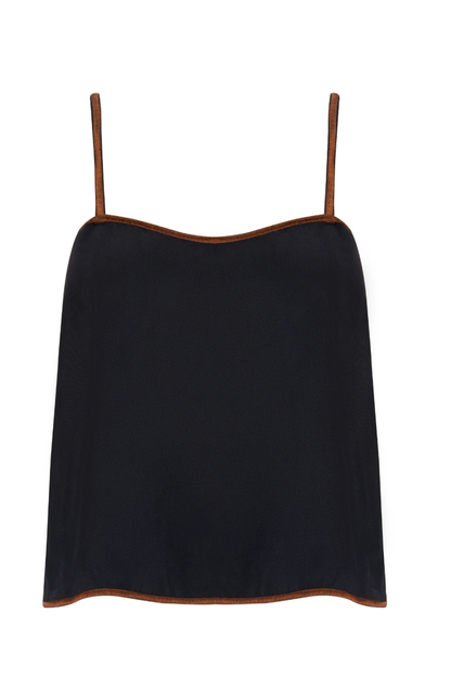 navy top with brown trim on a white background