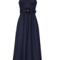 Navy pinstripe dress with a belt on a white background
