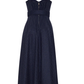 Navy pinstripe dress on a white background