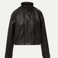 Black leather jacket on a light gray background