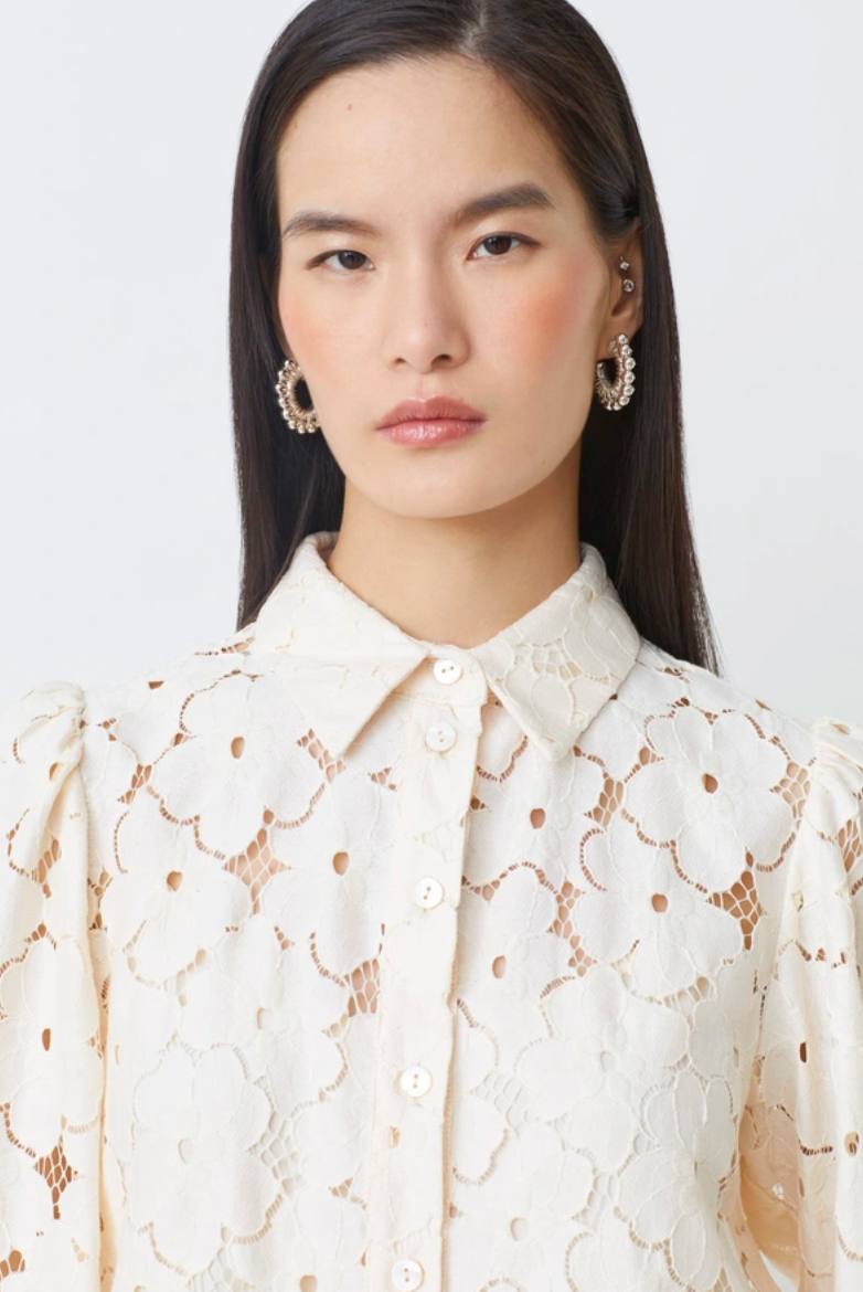 Woman wearing a white lace blouse against a light background