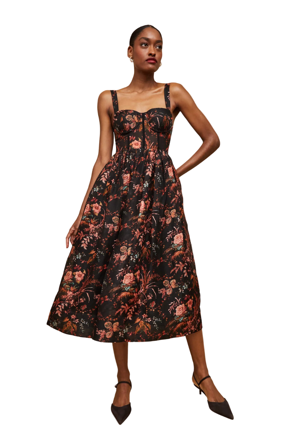 Woman wearing a floral dress on a beige background
