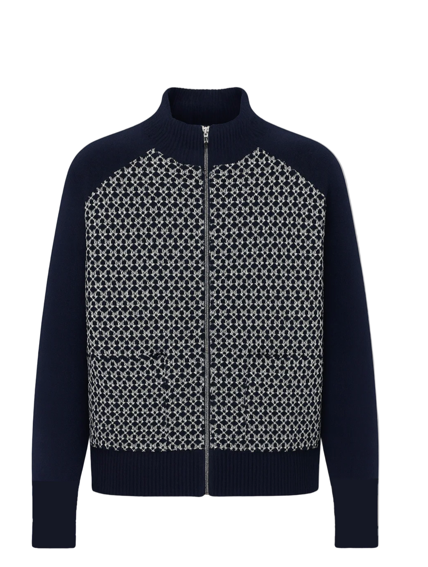 Navy blue jacket with a patterned front on a gray background