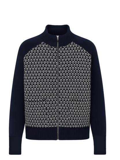 Navy blue jacket with a patterned front on a gray background