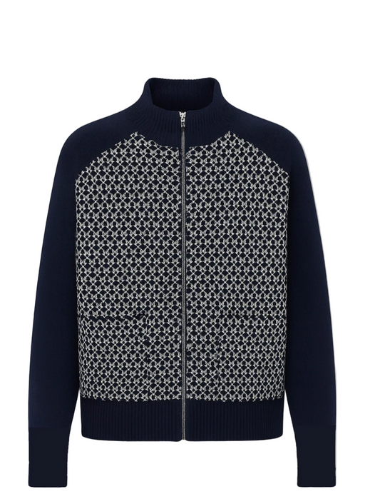 Navy blue jacket with a patterned front on a gray background