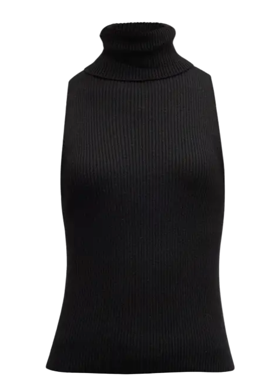 Black ribbed knit sleeveless top on a light gray background
