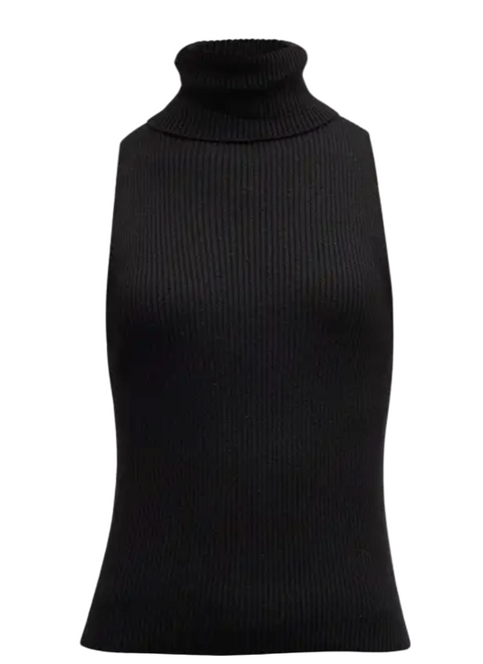 Black ribbed knit sleeveless top on a light gray background
