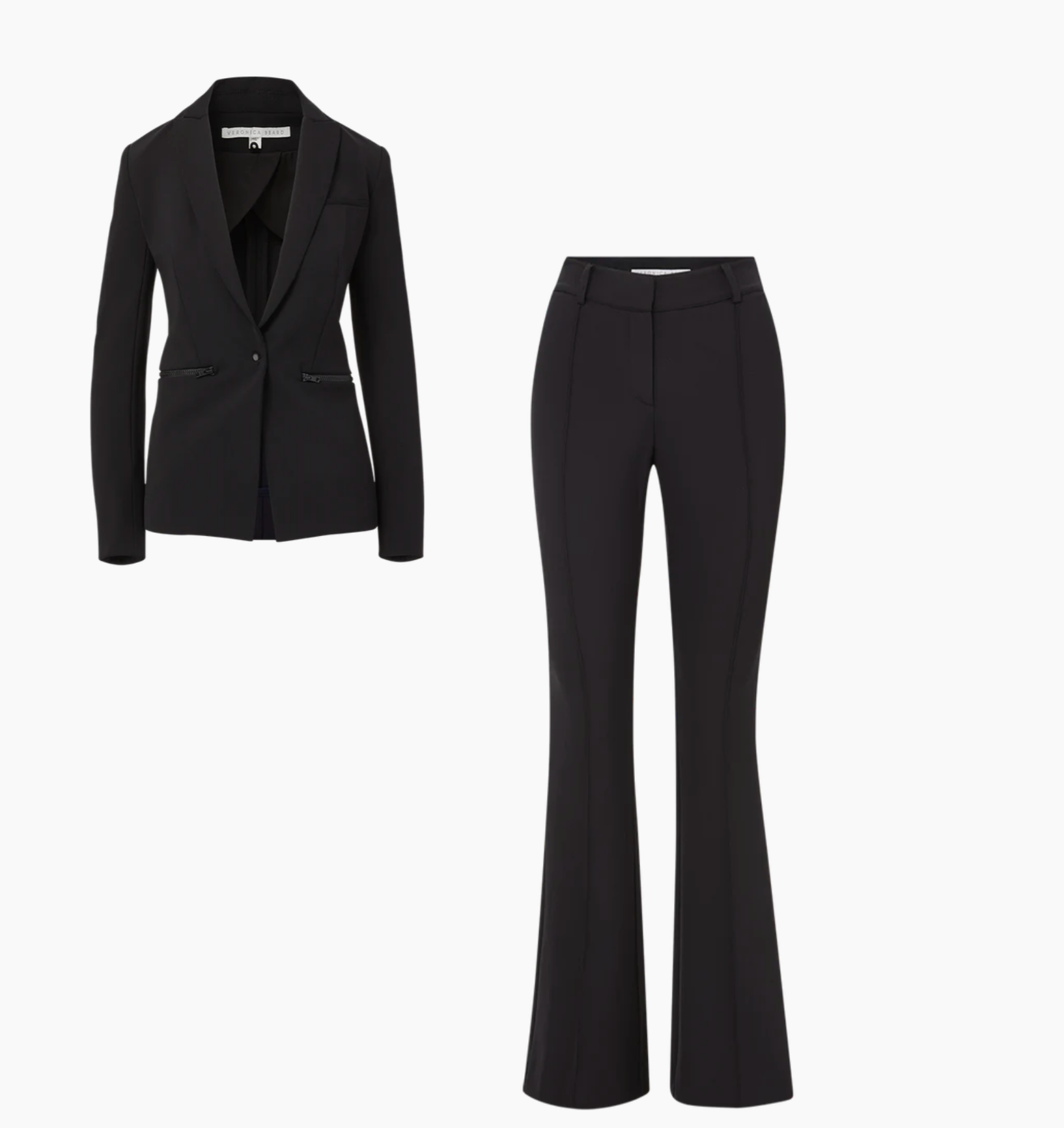 Black blazer and black pants on a white background