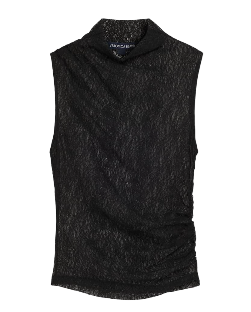 Black sleeveless top with a textured pattern on a white background