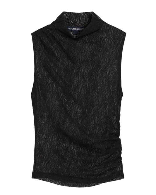 Black sleeveless top with a textured pattern on a white background