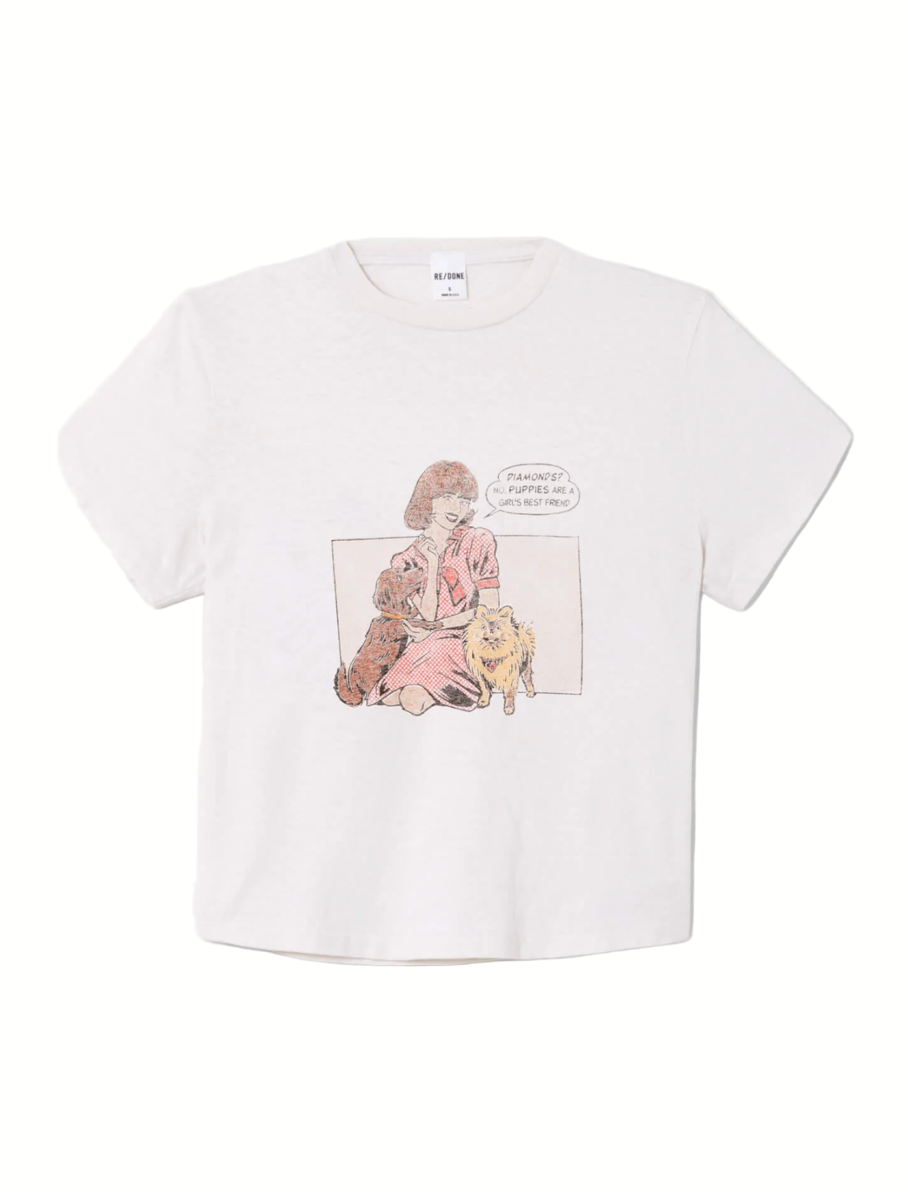 White t-shirt with graphic design of a person holding two dogs on a white background