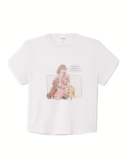 White t-shirt with graphic design of a person holding two dogs on a white background