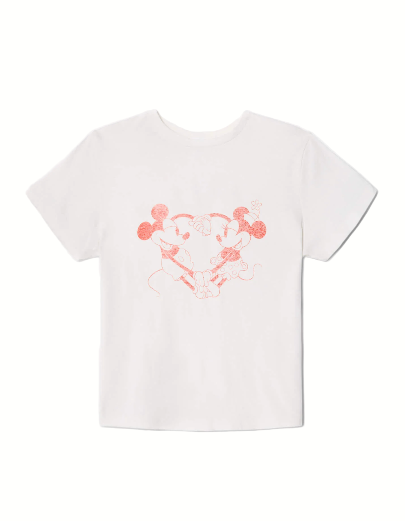 White t-shirt with a pink cartoon character design on a white background