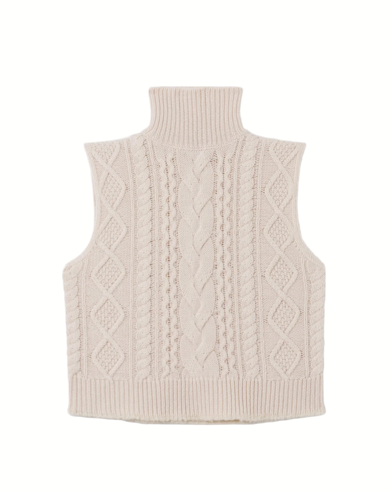 Beige knitted vest with cable pattern on a white background