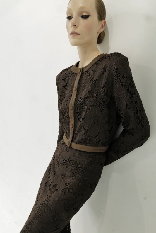 Mannequin wearing a black lace outfit against a white background