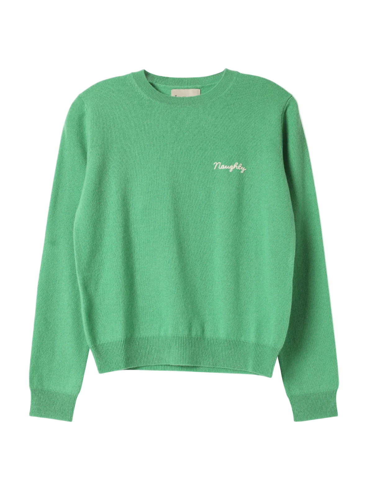 Green sweater with 'Naughty' text on a white background