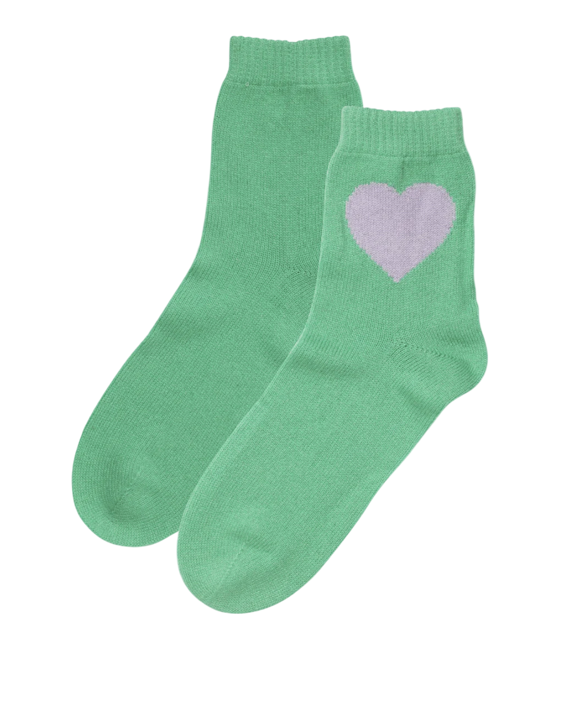 Green socks with a purple heart design on a white background