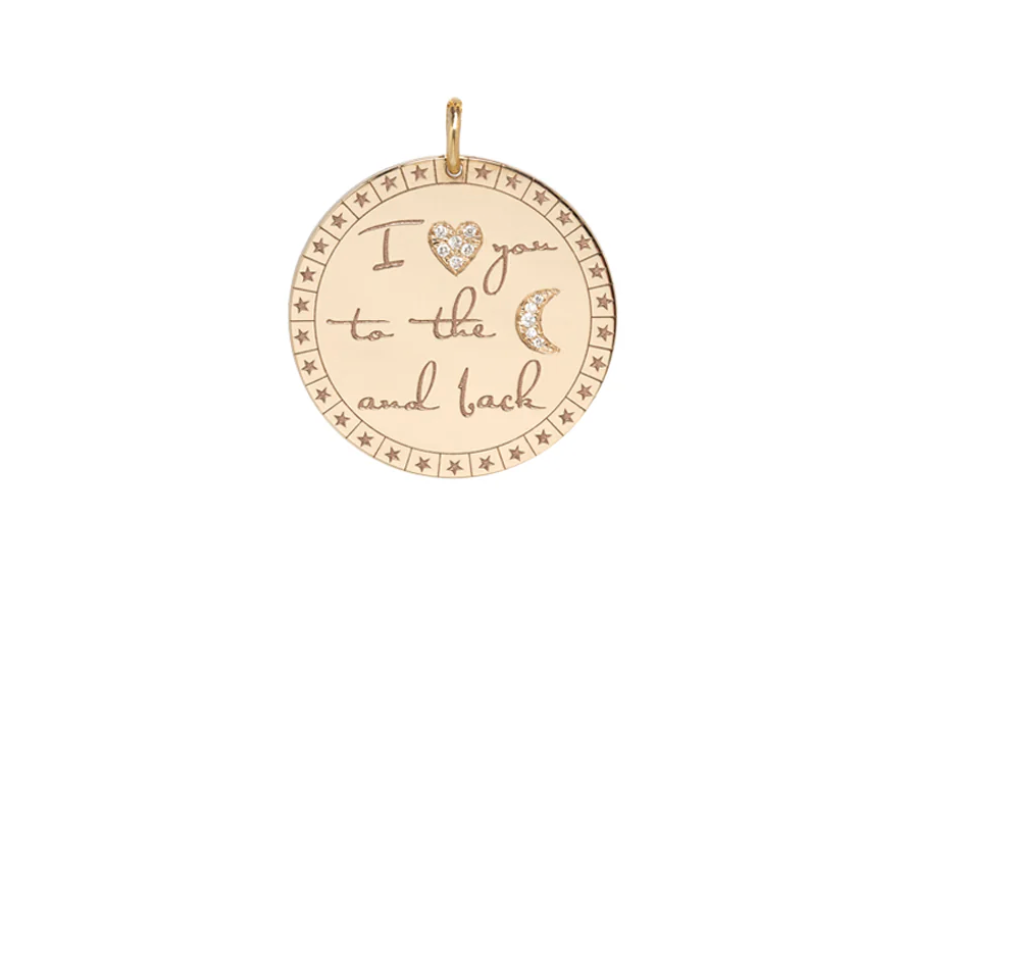 Zoe Chicco 14K Gold Moon Pendant - large engraved I Love You to the Moon and Back disc with diamonds