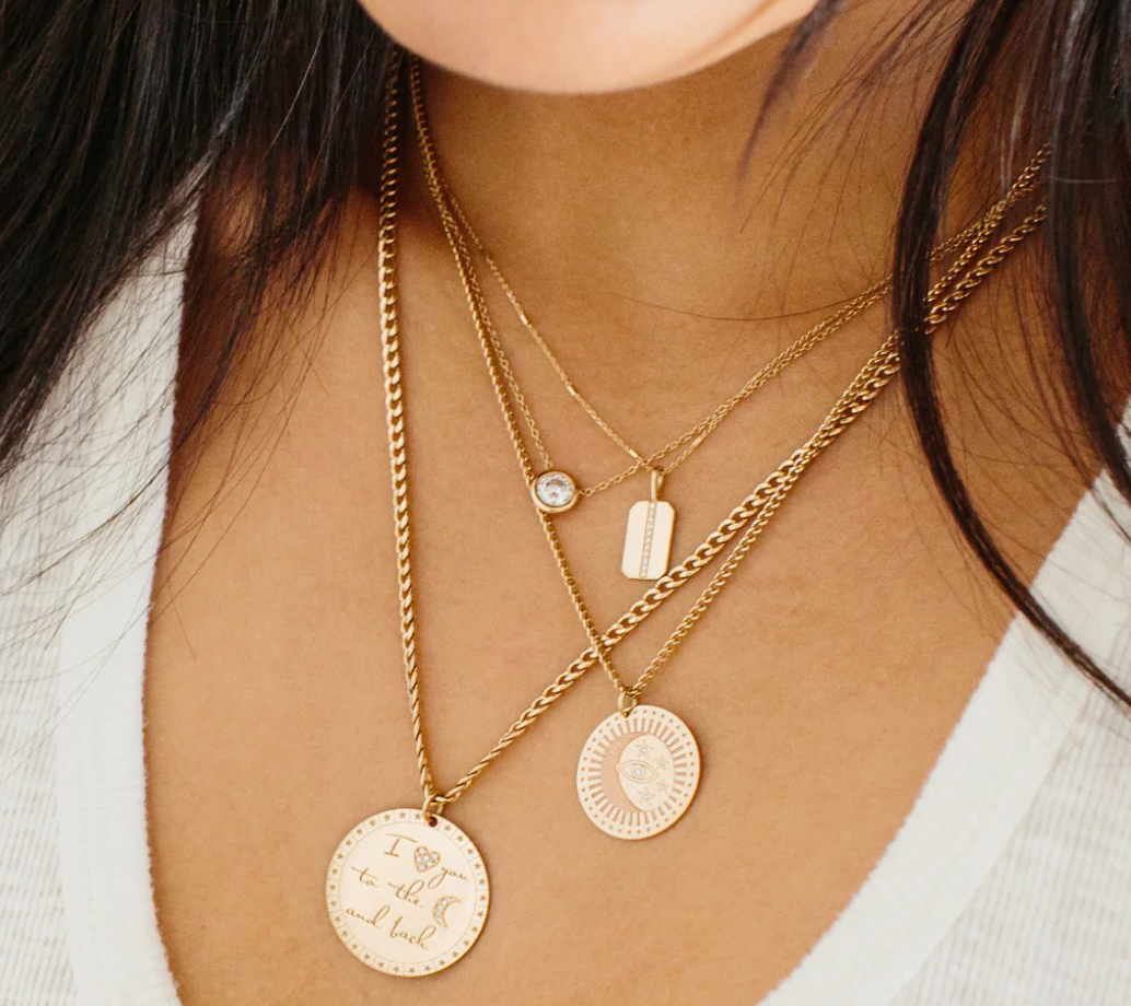 Zoe Chicco 14K Gold Moon Pendant - engraved gold disc pendant close-up