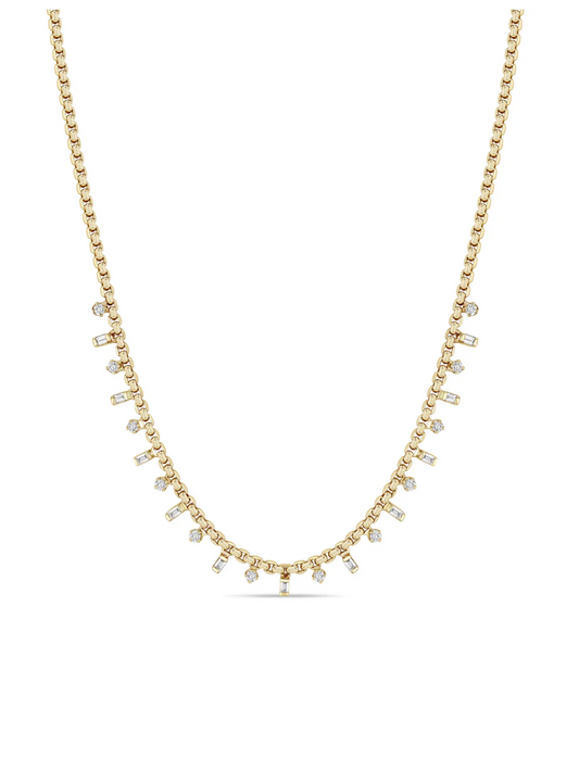 14k Baguette & Round Diamond Small Box Chain Necklace