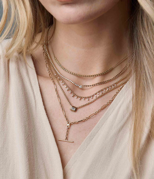 14k Baguette & Round Diamond Small Box Chain Necklace