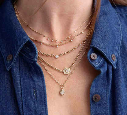 14K GOLD HEXAGON HALO NECKLACE