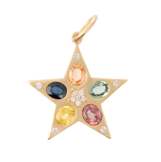 Gold star-shaped pendant with multicolored gemstones on a white background