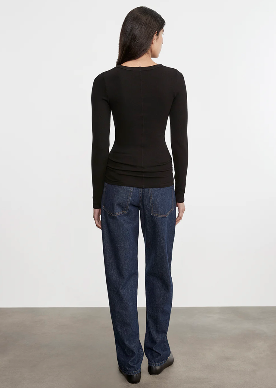 Enza Costa Silk Rib Long Sleeve Crew - back view showing ribbed texture and body-skimming fit
