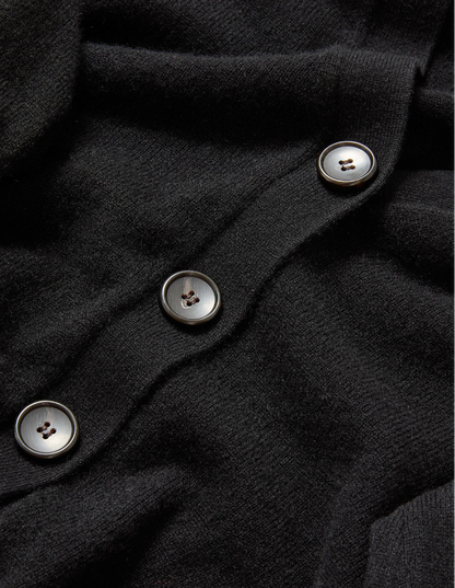 Close-up of a black garment with buttons on a dark background