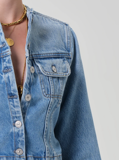 Citizen of Humanity Devin Collarless Denim Jacket - back view showing shrunken cropped collarless silhouette