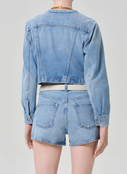 Citizen of Humanity Devin Collarless Denim Jacket - on model side view