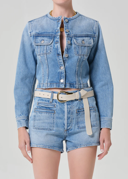 Citizen of Humanity Devin Collarless Denim Jacket - Shrunken cropped collarless jacket in 100% regenerative cotton denim, made in Turkey