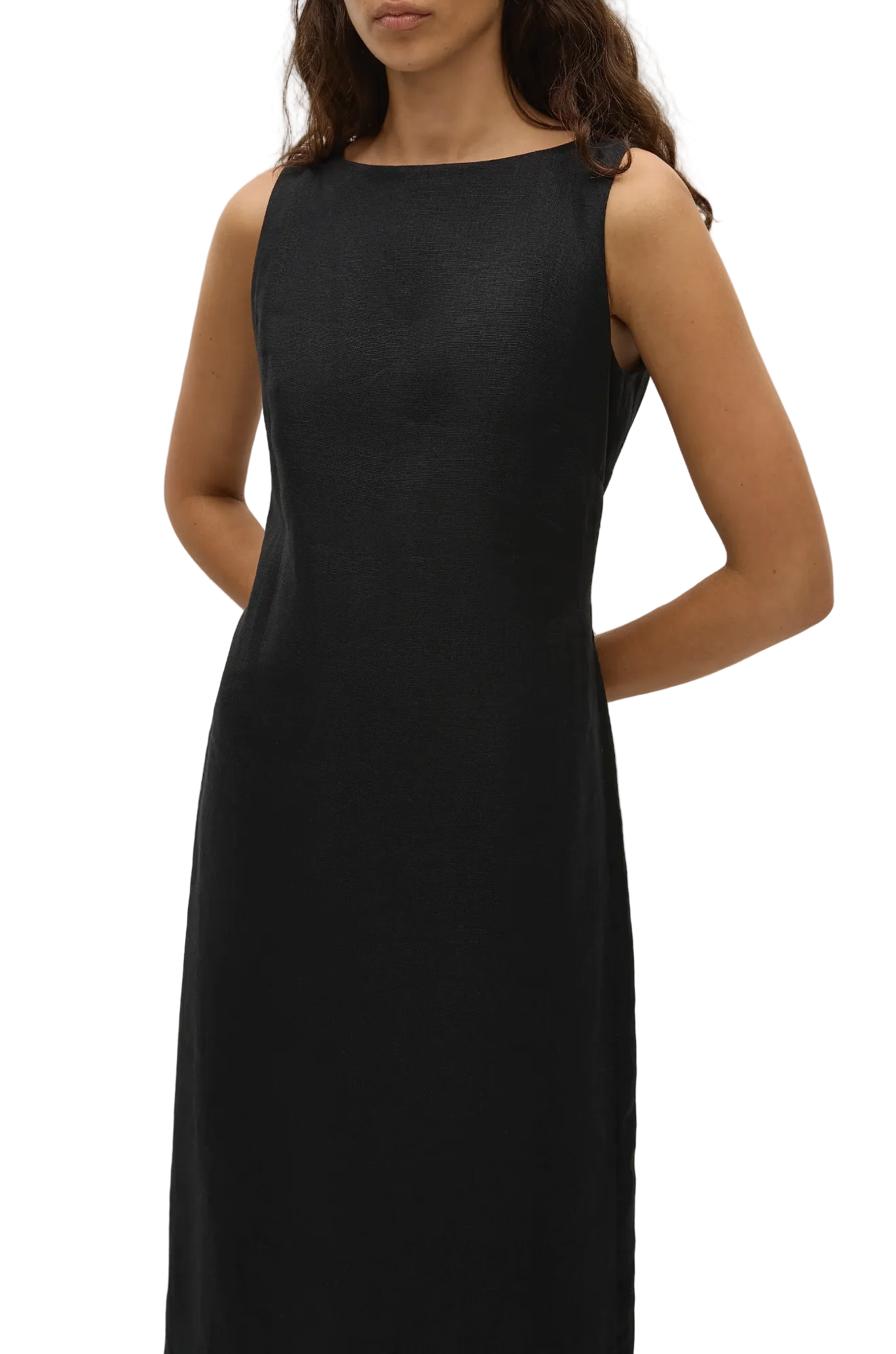 Black sleeveless dress worn by a person on a white background