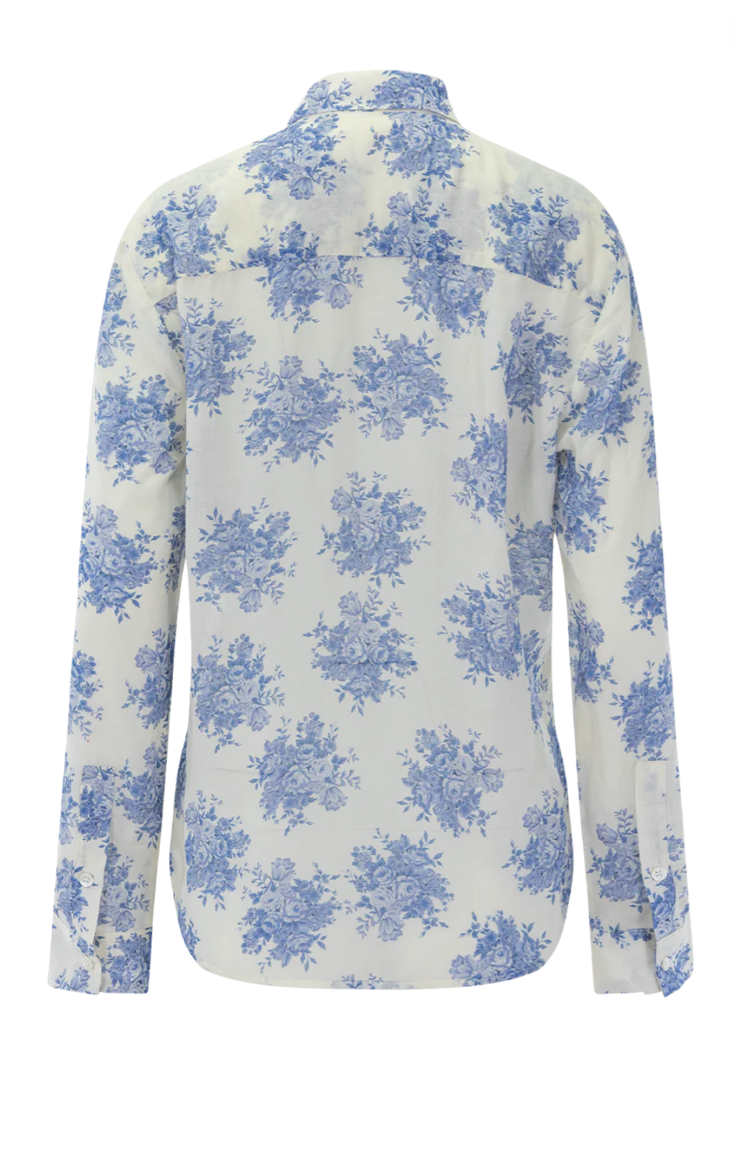 White shirt with blue floral pattern on a white background